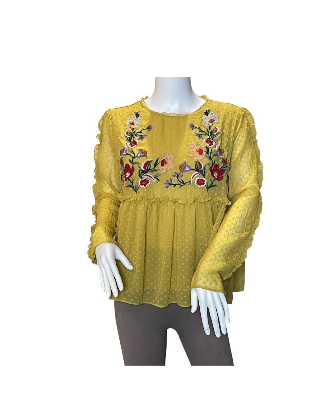 Zara Trafaluc Embroidered Top Size Medium Floral Ruffle Blouse